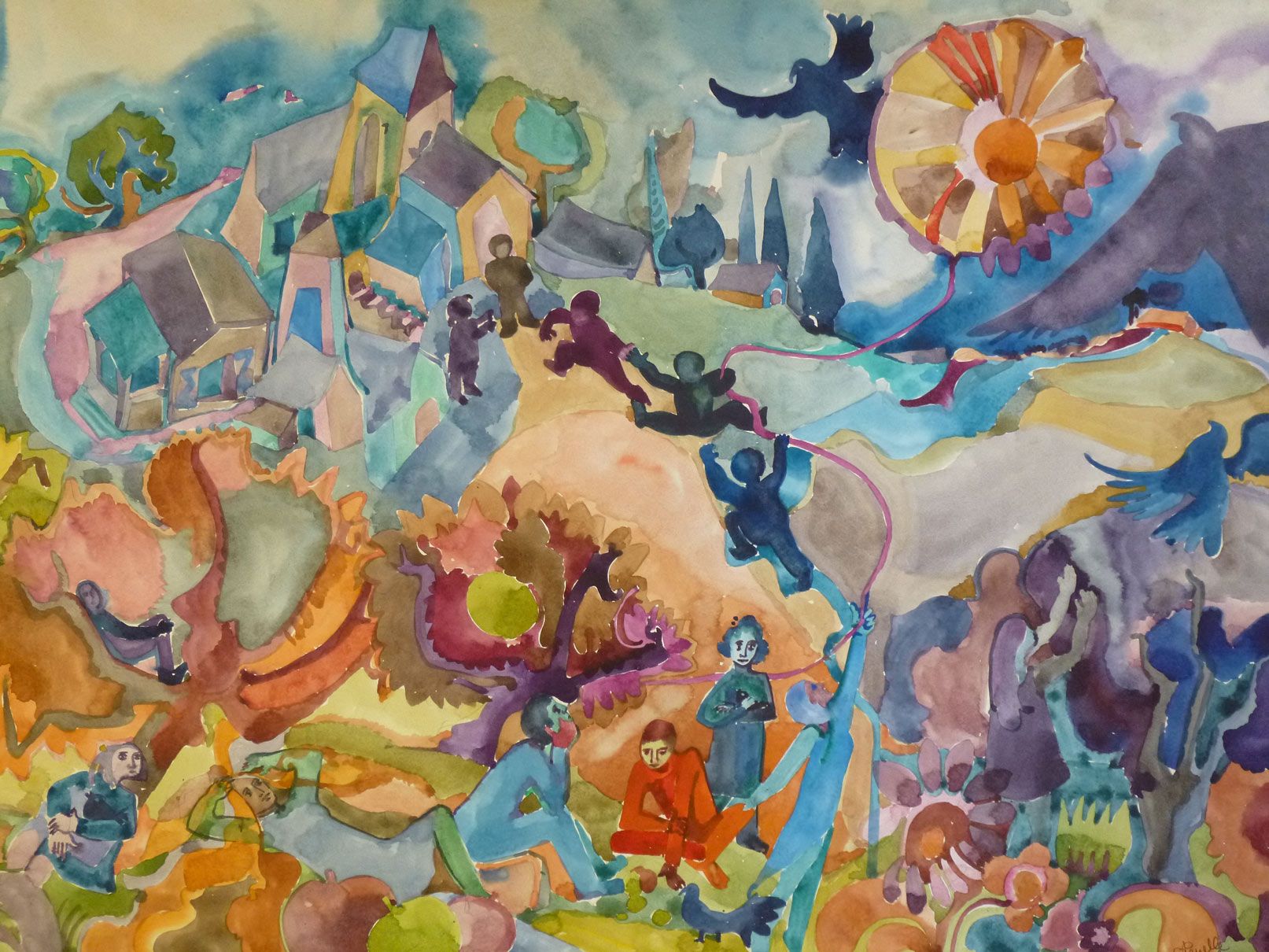 Odile Penelle - Annee 70 - Farandole - Aquarelle